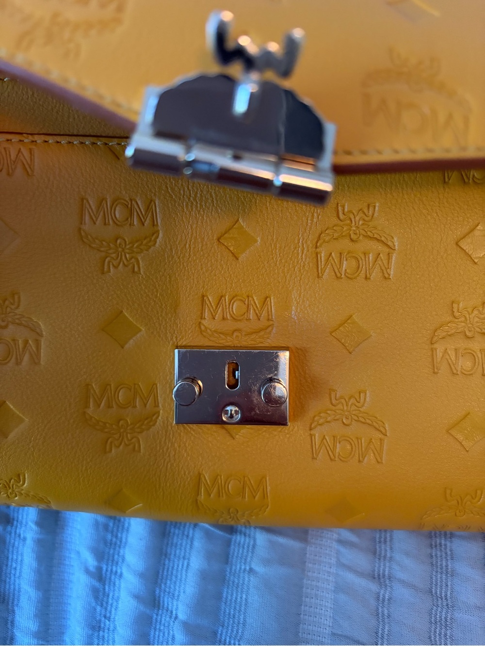 MCM Embossed Leather Envelope Clutch in Mustard - Picture 7 of 14